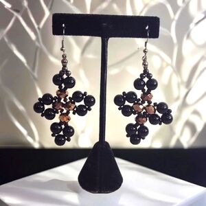 Trendy Black and Metallic Golden Cross-Patterned Beaded Earrings NWT